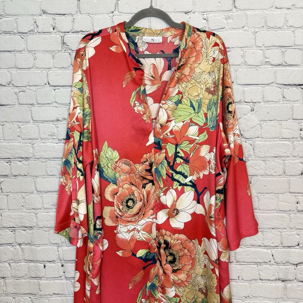 Natori Enchanted Lotus Satin Zip Caftan Women Plus 2X Boho Resort Art To Wear - Picture 5 of 16